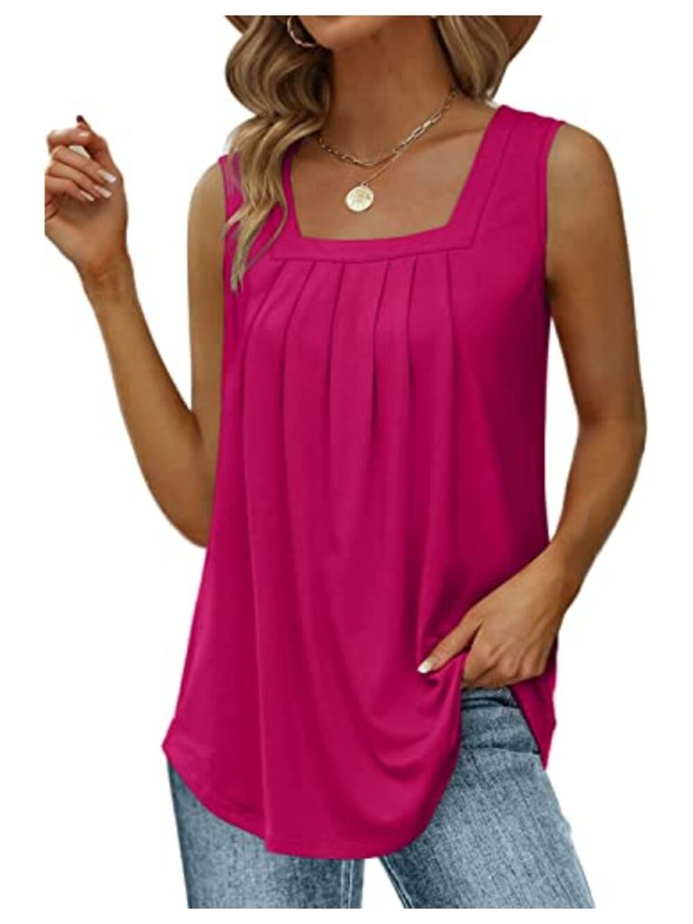 Women's Loose Fit Sleeveless Tank Top Square Neck Pleated Casual Summer Blouse